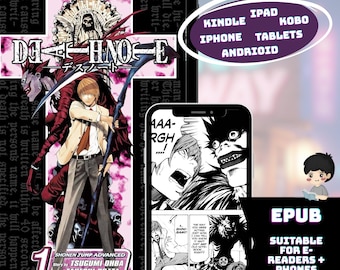 Op de afbeelding: Digitale manga van Death Note weergegeven op een tablet en telefoon. De tablet toont de cover met de titel en Japanse tekst. De telefoon toont binnenpanelen. Tekst bevat "EPUB" en apparaatcompatibiliteit.