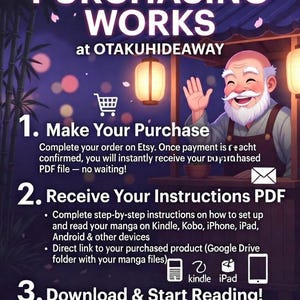 May include: An Etsy listing graphic titled "HOW PURCHASING WORKS" at OTAKUHIDEAWAY. The image details the steps to purchase digital manga: Make your purchase, receive instructions, and download & start reading. Includes illustrations and text.
