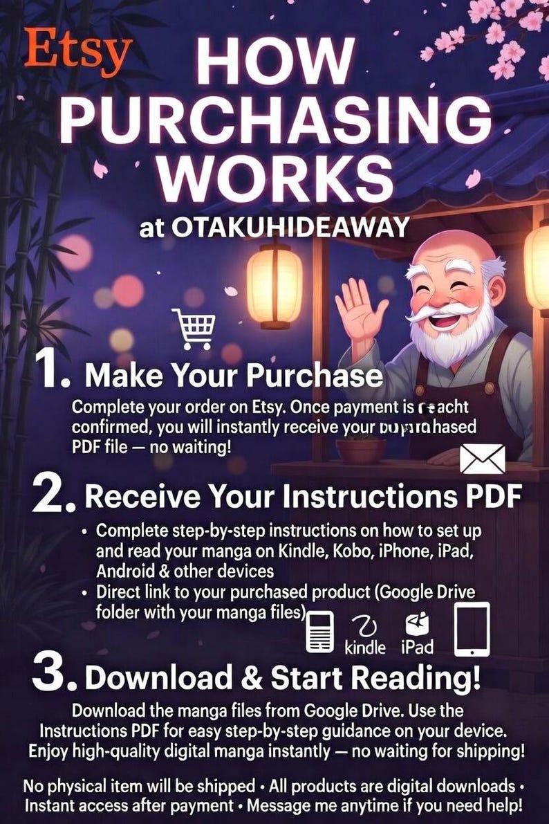 May include: An Etsy listing graphic titled "HOW PURCHASING WORKS" at OTAKUHIDEAWAY. The image details the steps to purchase digital manga: Make your purchase, receive instructions, and download & start reading. Includes illustrations and text.