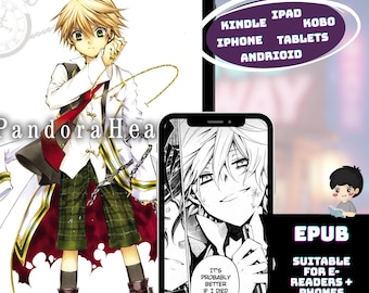 Op de afbeelding: Een digitale tablet en smartphone met de manga Pandora Hearts. De tablet toont een gekleurde karakterillustratie, terwijl de telefoon een zwart-wit mangapaneel met tekst weergeeft. Tekstoverlays bevatten Kindle, Ipad, Kobo, Iphone, Tablets, Android en EPUB Suitable for E-readers + Phones by Otaku Hideaway.