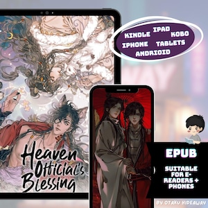 Könnte beinhalten: Digitale Illustration eines Fantasy-Romans, angezeigt auf einem Tablet und Smartphone. Das Tablet zeigt eine detaillierte Illustration mit dem Text "Heaven Official's Blessing". Das Smartphone zeigt zwei Figuren. Text enthält "EPUB".