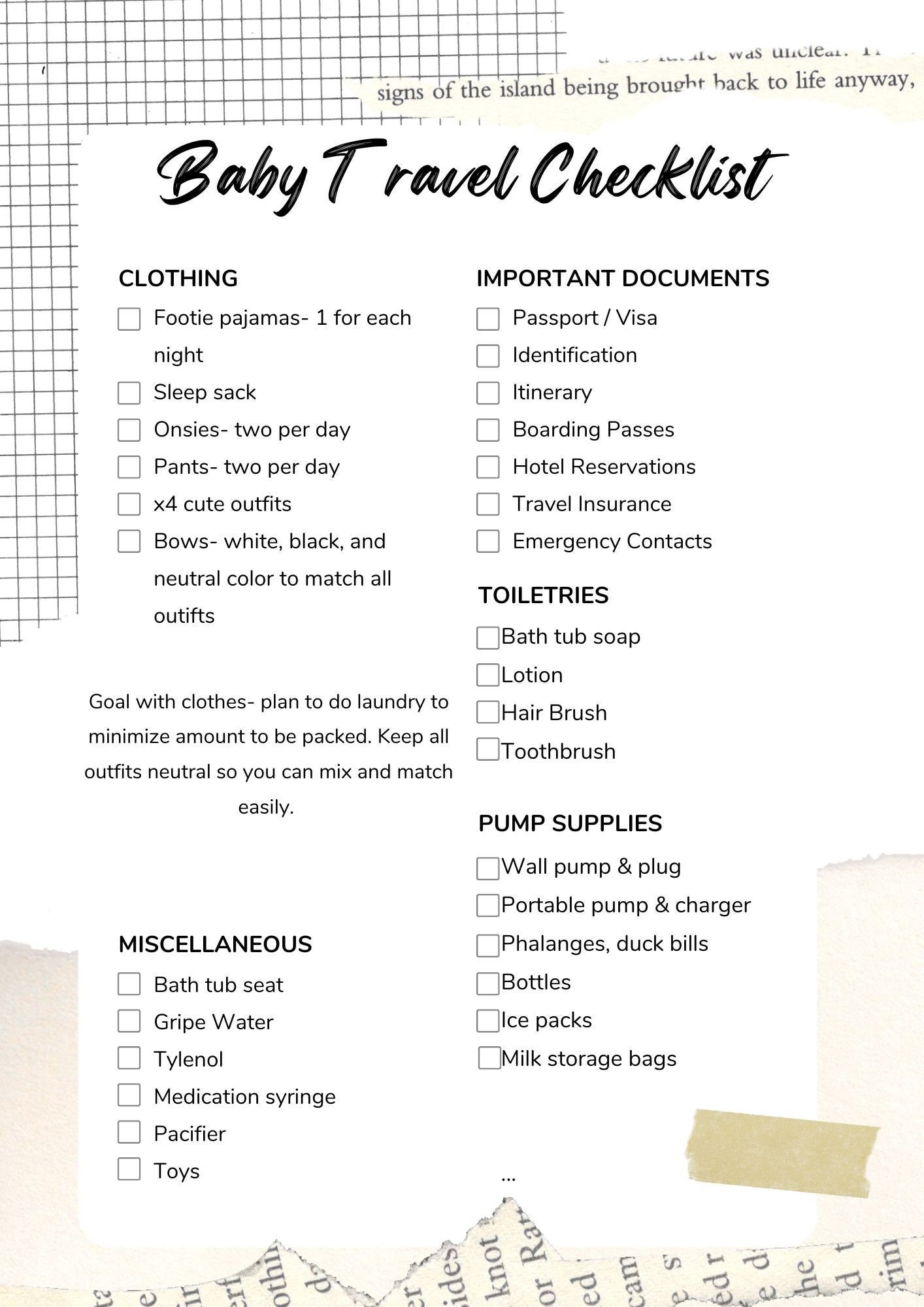 Baby Travel Packing Checklist Etsy