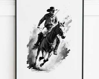 FREE SHIPPING - Wild West Cowboy Poster - Galloping Horse, Black and White Illustration