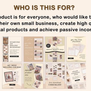 May include: A collage of images promoting digital products and services. The images feature a variety of designs, including a checklist, a course, and a digital product. The text on the images includes "Starting an Online Business", "My Best Selling Course", "Digital Product Title", "Free Download Checklist", and "Ebook Template Title".