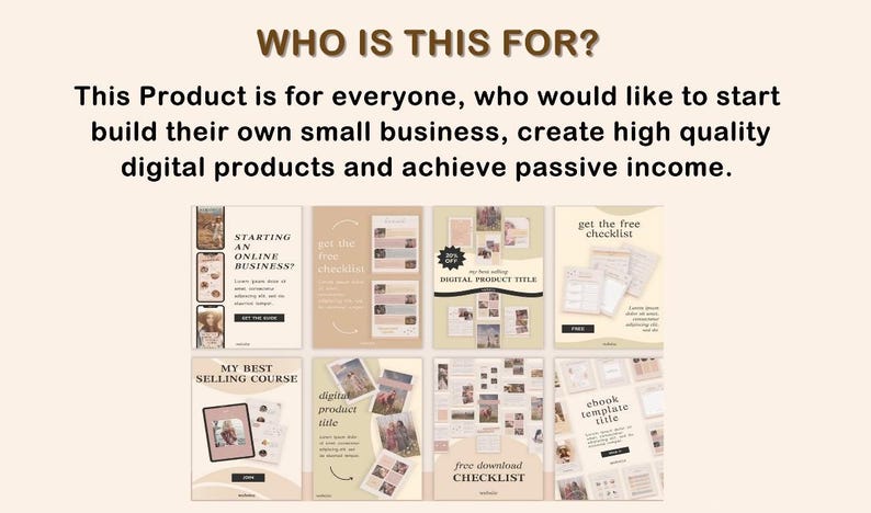 May include: A collage of images promoting digital products and services. The images feature a variety of designs, including a checklist, a course, and a digital product. The text on the images includes "Starting an Online Business", "My Best Selling Course", "Digital Product Title", "Free Download Checklist", and "Ebook Template Title".