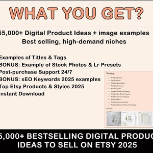 May include: A pink and white graphic with the text "WHAT YOU GET?" and "55,000+ BESTSELLING DIGITAL PRODUCT IDEAS TO SELL ON ETSY 2025". The graphic lists examples of digital products to sell on Etsy, including titles and tags, stock photos, and LR presets. It also mentions post-purchase support, SEO keywords, and top Etsy products and styles for 2025.