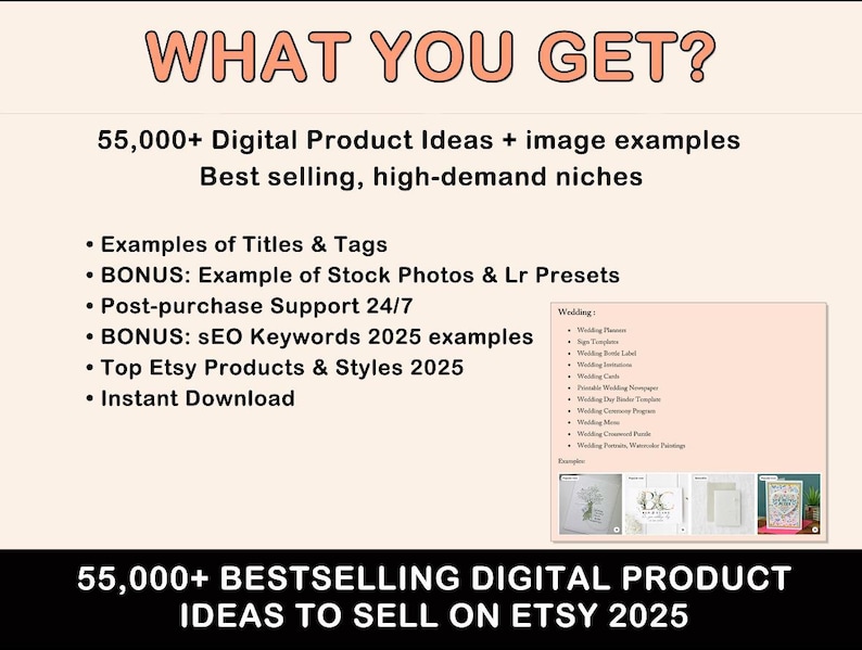 May include: A pink and white graphic with the text "WHAT YOU GET?" and "55,000+ BESTSELLING DIGITAL PRODUCT IDEAS TO SELL ON ETSY 2025". The graphic lists examples of digital products to sell on Etsy, including titles and tags, stock photos, and LR presets. It also mentions post-purchase support, SEO keywords, and top Etsy products and styles for 2025.
