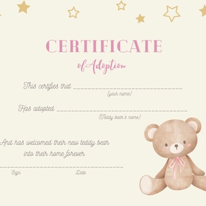 Teddy Bär Adoption Zertifikat Digital DRUCKBARE Jungen und Mädchen Party Dekor adoptieren Sie einen Bären adoptieren Sie einen Teddy Zertifikat