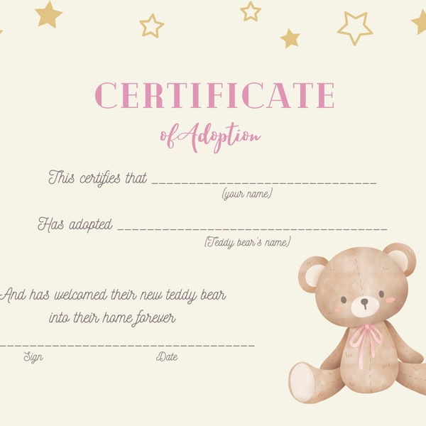 Teddy Bear Adoption Certificate Digital PRINTABLE boys and girls party decor adopt a bear adopt a teddy certificate