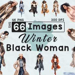 Mode femme noire hiver 66 ansClipart, Clipart aquarelle, saison des neiges, scrapbooking, travaux manuels en papier, PNG 4K, journal indésirable, lot fille noire chic