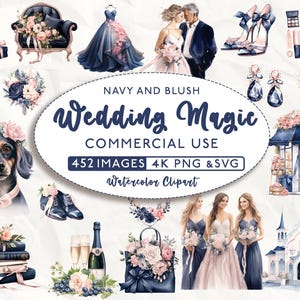 452 Navy und Blush Hochzeit Clipart Bundle, Hochzeit Clipart, kommerzielle Nutzung, Aquarell Clipart, Hochzeit SVG, Hochzeit PNG, 4K PNG und SVG
