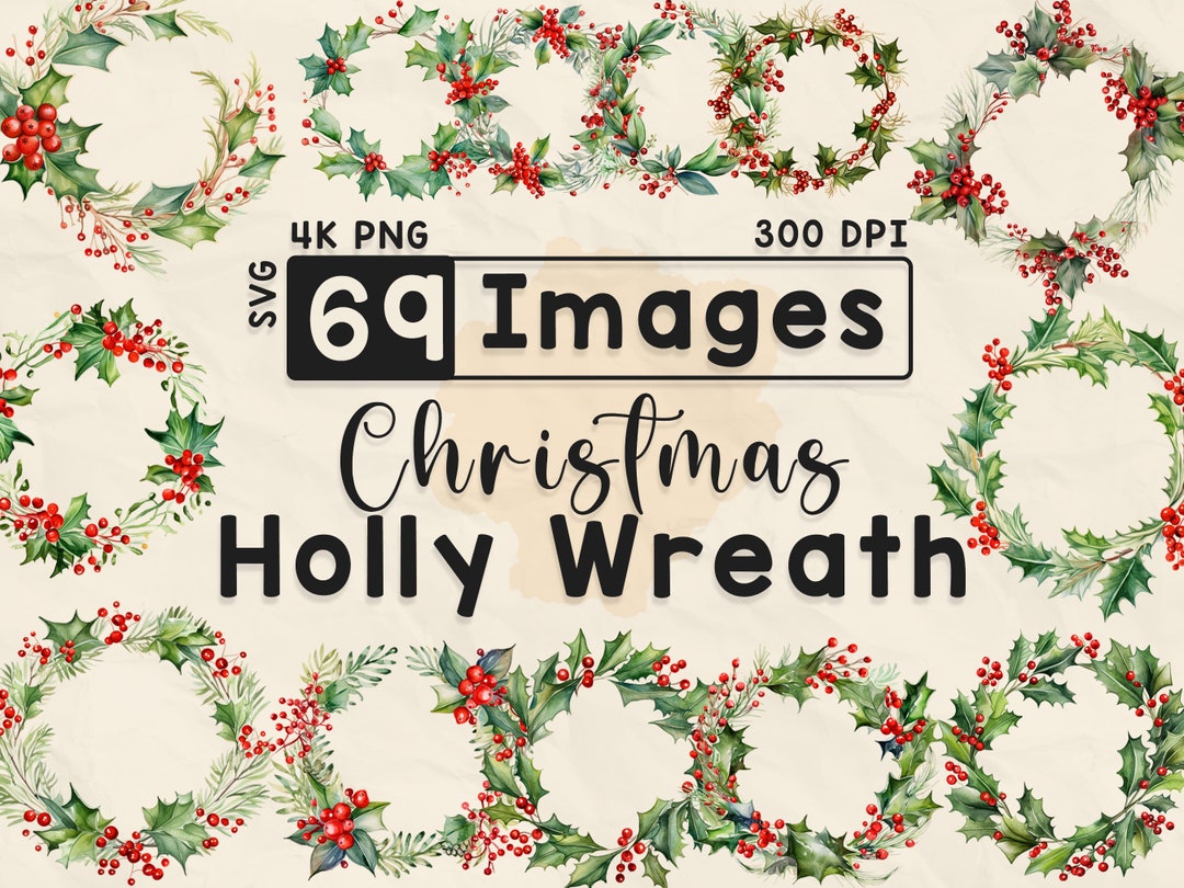 Christmas Holly Wreath Clipart, Watercolor Clipart, Christmas PNG