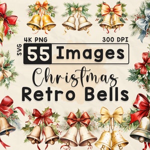 Christmas Retro Bells Clipart, Watercolor Clipart, Christmas PNG, Vintage , Scrapbook, Paper Crafts, 4K PNG, Xmas Bundle, Digital Files
