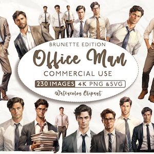 230 Brünett Büro Mann Bündel, Brünett Mann Clipart, kommerzielle Nutzung, digitaler Download, Aquarell Clipart, Büromann SVG, 4K PNG und SVG