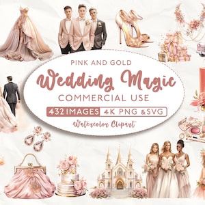 462 Rosa und Gold Hochzeit Clipart Bundle, Hochzeit Clipart, kommerzielle Nutzung, Aquarell Clipart, Hochzeit SVG, Hochzeit PNG, 4K PNG und dafür