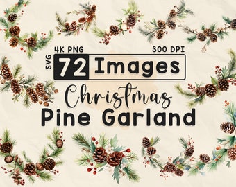 Clipart guirlande de pins de Noël, clipart aquarelle, Noël PNG, pomme de pin, scrapbooking, travaux manuels en papier, PNG 4K, lot de Noël, fichiers numériques