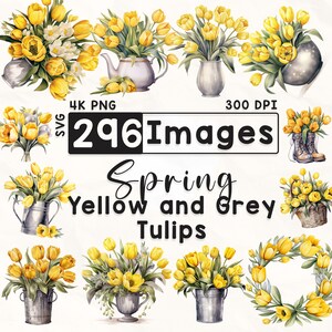 296 Yellow and Gray Tulips Clipart Bundle, Watercolor Floral Clipart, Tulip Clipart, Scrapbook, Spring Flowers, Paper Crafts, 4K PNG