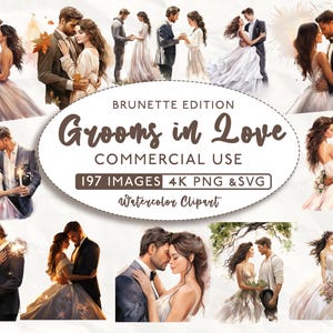 197 brune mariée et le marié Bundle, clipart mariée, usage commercial, téléchargement numérique, clipart aquarelle, marié SVG, mariée PNG, 4K PNG et Svg