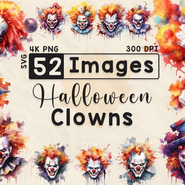 52 Halloween effrayant Clown Clipart, Clipart aquarelle, Halloween PNG, Spooky Halloween, Scrapbook, Paper Crafts, PNG et SVG, Spooky, Horror