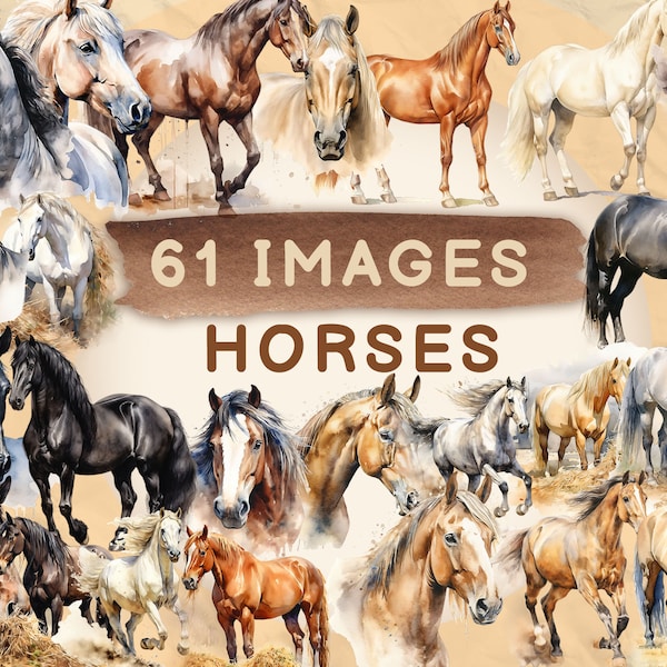 61 Paquete de imágenes prediseñadas de caballo majestuoso, imágenes prediseñadas de caballo, uso comercial, descarga digital, imágenes prediseñadas de acuarela, creación de tarjetas, imágenes prediseñadas, 4K PNG y SVG