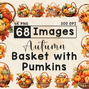 68 herfst pompoenmand clipart, aquarel clipart, herfstseizoen, plakboek, Paper Crafts, png en SVG, herfstthema, bundel digitale afbeeldingen