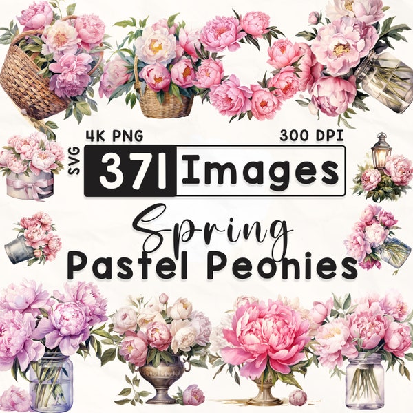 371 Pastel Peonies Clipart Bundle, Watercolor Floral Clipart, Peony Clipart, Scrapbook, Spring Flowers, Paper Crafts, 4K PNG, Digital Files