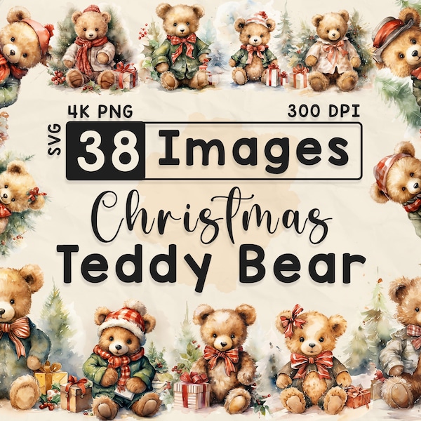 Christmas Teddy Bear Clipart, Watercolor Clipart, Christmas PNG, Holiday Gift, Scrapbook, Paper Crafts, 4K PNG, Xmas Bundle, Digital Files