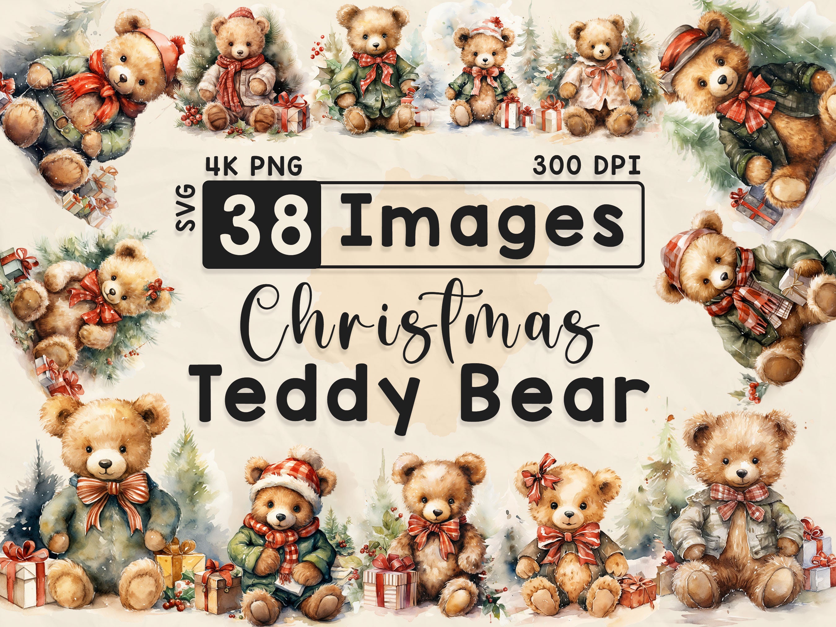 Ours en peluche de Noël Clipart, Clipart aquarelle, Noël PNG, cadeau de vacances, scrapbooking, travaux manuels en papier, 4K PNG, lot de Noël, fichiers numériques