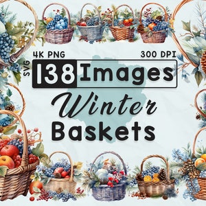 138 冬のバスケット クリップアート、水彩画クリップアート、雪の季節、スクラップブック、ペーパー クラフト、4K PNG、ジャンク ジャーナル、ボックス バンドル、デジタル画像