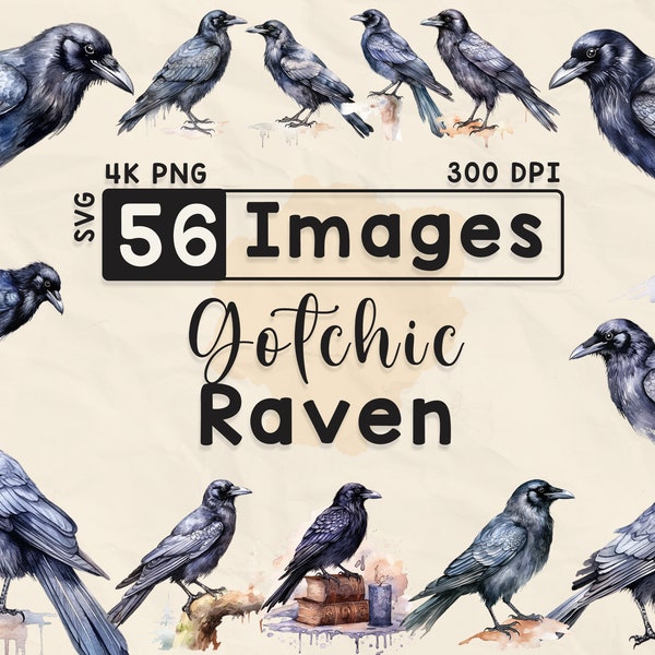 56 Spooky Gothic Raven Clipart, Watercolor Clipart, Halloween PNG, Spooky Halloween, Scrapbook, Paper Crafts, PNG and SVG, Spooky Ravens