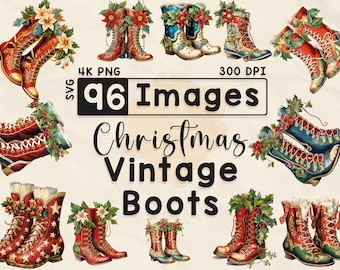 Christmas Vintage Boots Clipart, Watercolor Clipart, Christmas PNG, Scrapbook, Paper Crafts, 4K PNG, Xmas Bundle, Digital Files