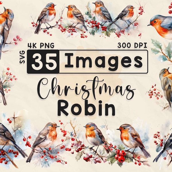 Christmas Robin Clipart, Watercolor Clipart, Christmas PNG, Holiday Bird , Scrapbook, Paper Crafts, 4K PNG, Xmas Bundle, Digital Files