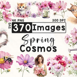370 Cosmos Clipart Bundle, Aquarell Blumen Clipart, Cosmos Clipart, Scrapbook, Frühlingsblumen, Papierhandwerk, 4K PNG, Digitale Dateien