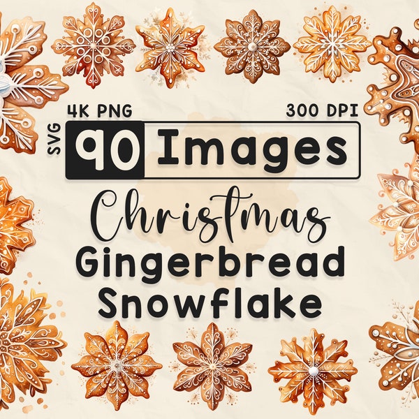 90 Christmas Gingerbread Snowflake Clipart, Watercolor Clipart, Festive Season, Scrapbook, Paper Crafts, 4K PNG, Junk Journal, Xmas Bundle