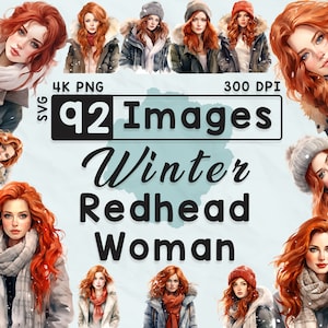92 冬の赤毛の女性のファッション クリップアート、水彩画のクリップアート、雪の季節、スクラップブック、ペーパー クラフト、4K PNG、ジャンク ジャーナル、シックな女の子のバンドル