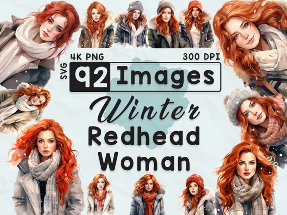 92 Winter Redhead Woman Fashion Clipart, Watercolor Clipart, Snow Season, Scrapbook, Paper Crafts, 4K PNG, Junk Journal, Chic Girl Bundle