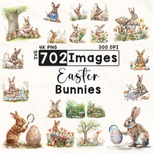 Bundle de clipart 702 lapins de Pâques, aquarelle Pâques Clipart, Clipart lapin, graphiques de Pâques, motifs de Pâques, clipart printemps, PNG 4K