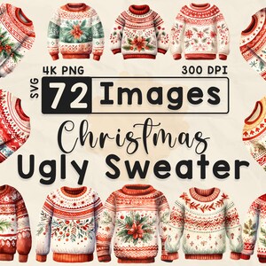 Clipart maglione brutto di Natale, clipart acquerello, PNG di Natale, cardigan, album di ritagli, lavoretti con la carta, PNG 4K, bundle di Natale, file digitali