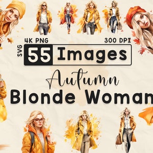 55 秋のブロンドの女性、水彩画のクリップアート、秋のファッション、スクラップブック、ペーパークラフト、PNG および SVG、シックな女性、バンドル、秋、ブロンドの女の子
