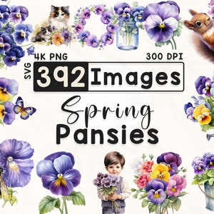 392 Pansies Clipart Bundle, Watercolor Floral Clipart, Pansy Clipart, Scrapbook, Spring Flowers, Paper Crafts, 4K PNG, Digital Files