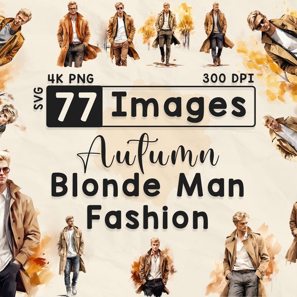 77 Automne Blonde Man Fashion Clipart, Clipart aquarelle, saison d'automne, Scrapbook, Paper Crafts, PNG et SVG, Fall Boy, Junk Journal, Bundle,