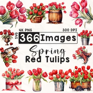 366 rote Tulpen Clipart Bundle, Aquarell Blumen Clipart, Tulpe Clipart, Scrapbook, Frühlingsblumen, Papierhandwerk, 4K PNG, Digitale Dateien