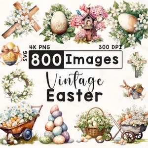 800 Vintage Easter Clipart Bundle, Watercolor Easter Clipart, Bunny Clipart, Scrapbook, Easter Eggs Clipart, Spring Clipart, 4K PNG, Digital