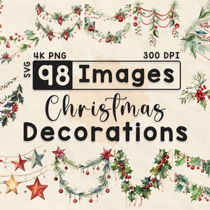 Imágenes prediseñadas de decoraciones navideñas, imágenes prediseñadas de acuarela, PNG de Navidad, adornos, álbumes de recortes, manualidades de papel, PNG 4K, paquete navideño, archivos digitales