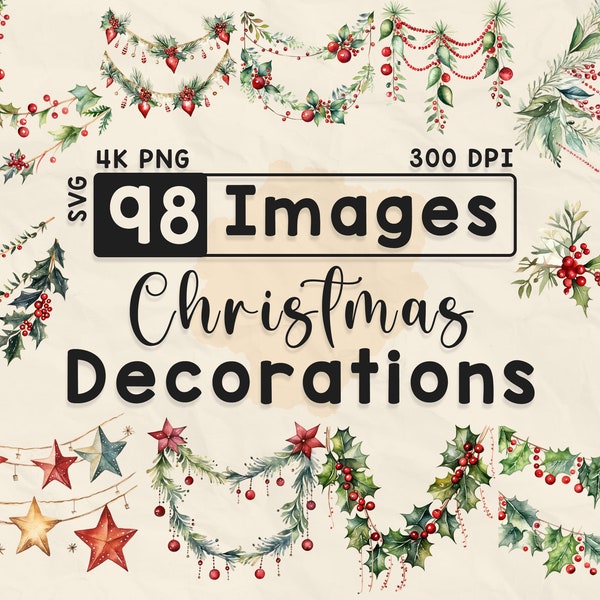 Décorations de Noël Clipart, clipart aquarelle, Noël PNG, ornement, scrapbooking, travaux manuels en papier, PNG 4K, lot de Noël, fichiers numériques