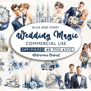 Bundle de cliparts mariage bleu et ivoire 249, clipart mariage, usage commercial, clipart aquarelle, mariage SVG, mariage PNG, 4K PNG et Svg
