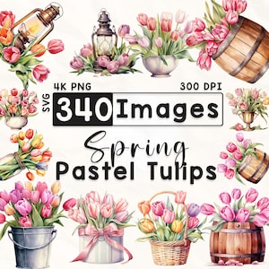 340 Pastell Tulpen Clipart Bundle, Aquarell Blumen Clipart, Tulpen Clipart, Scrapbook, Frühlingsblumen, Papierhandwerk, 4K PNG, Digitale Dateien