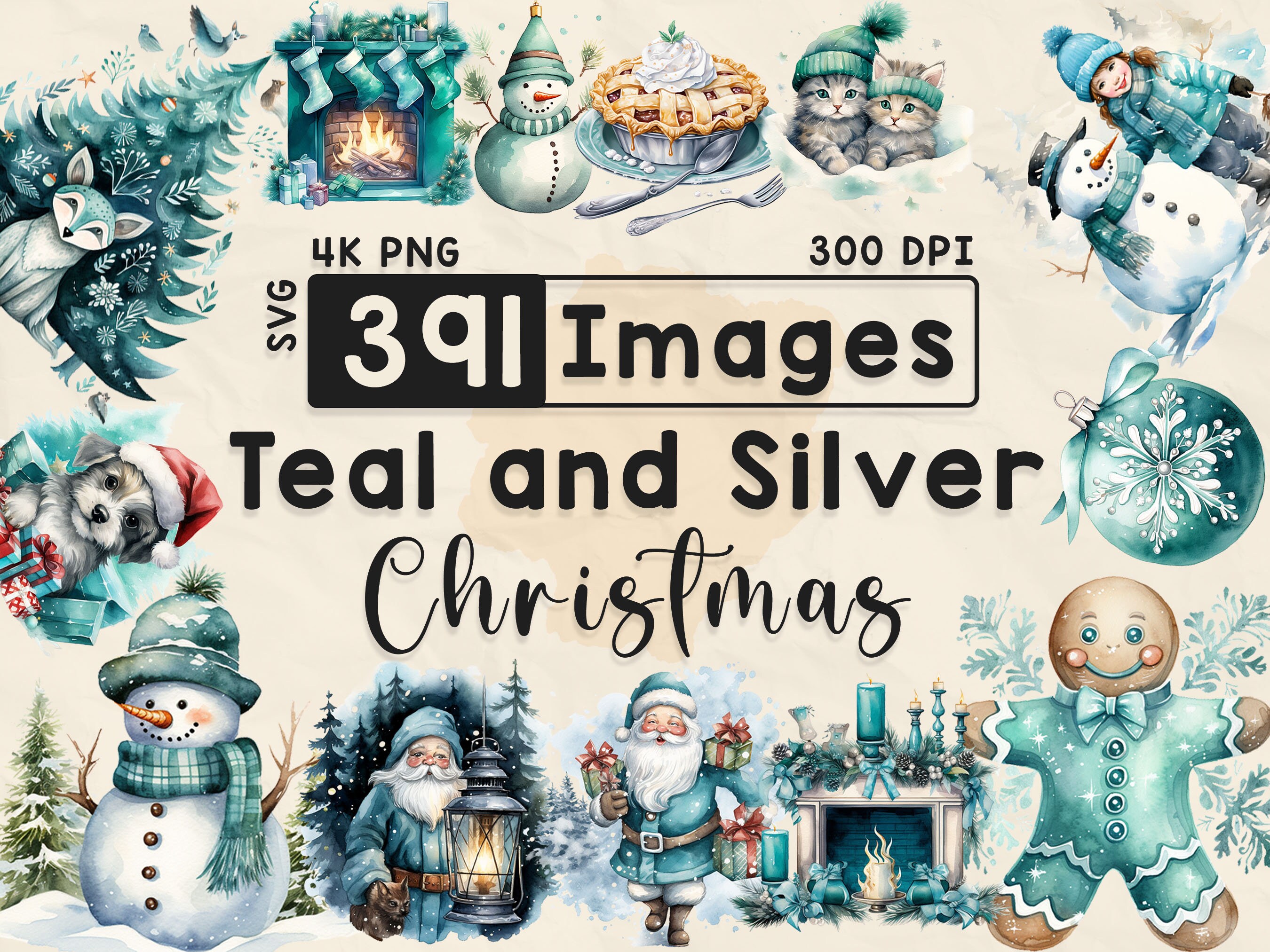 Teal and Silver Christmas Clipart, Watercolor Clipart, Christmas PNG, Scrapbook, Paper Crafts, 4K PNG, Xmas MEGA Bundle, Digital Files