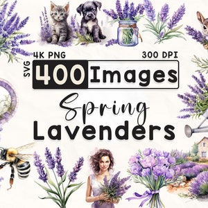 400 lavendel clipartbundel, aquarel bloemen clipart, lavendel clipart, plakboek, lentebloemen, Paper Crafts, 4K PNG, digitale bestanden