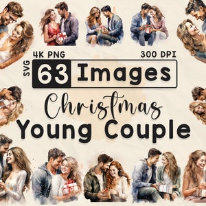 63 kerst gelukkig jong stel clipart, aquarel clipart, feestseizoen, plakboek, papierkunst, 4K png, junk journal, kerstbundel